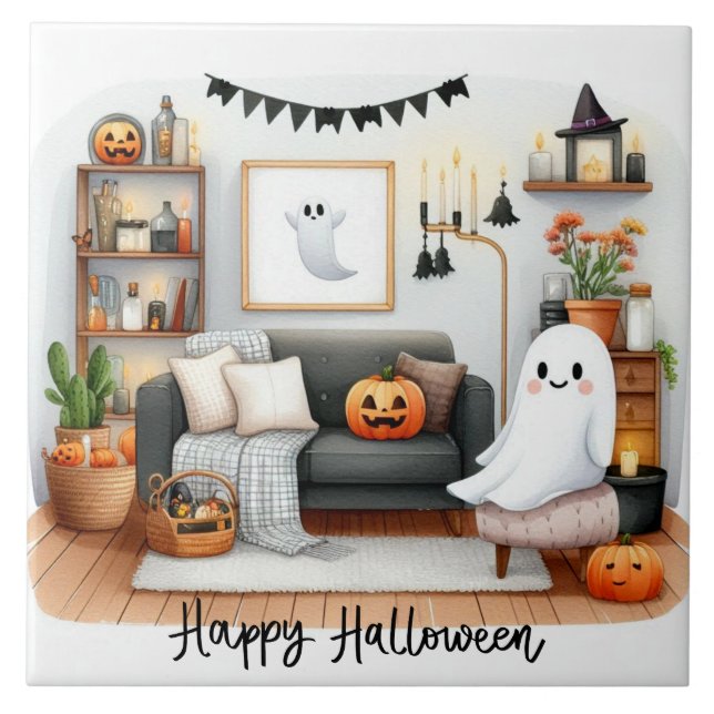 Happy Halloween Cute Ghost in His House  Tile (Front)