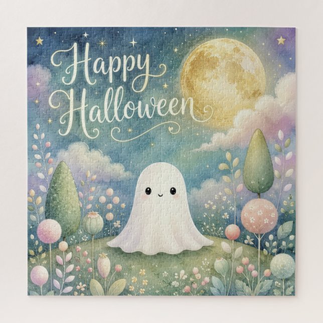 Happy Halloween Cute Ghost Pastel Garden Jigsaw Puzzle (Vertical)