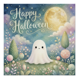 Happy Halloween Cute Ghost Pastel Garden Poster