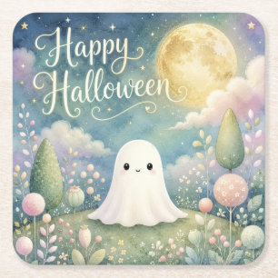 Happy Halloween Cute Ghost Pastel Garden Square Paper Coaster