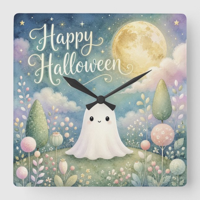Happy Halloween Cute Ghost Pastel Garden Square Wall Clock (Front)
