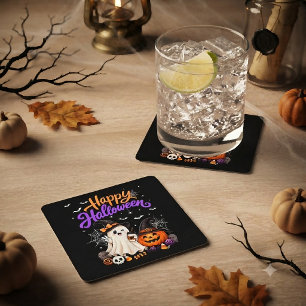 Happy Halloween Cute Ghost Pumpkin Spooky Square Paper Coaster