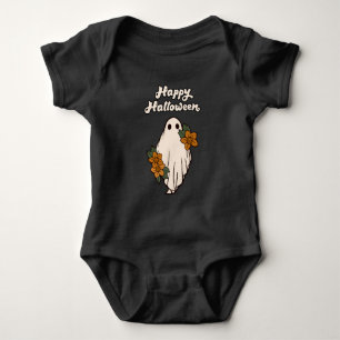Happy Halloween Cute Ghost with Flowers Baby Bodysuit