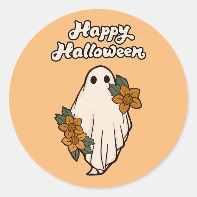 Happy Halloween Cute Ghost with Flowers Classic Round Sticker (Front)