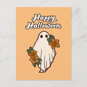Happy Halloween Cute Ghost with Flowers Postcard