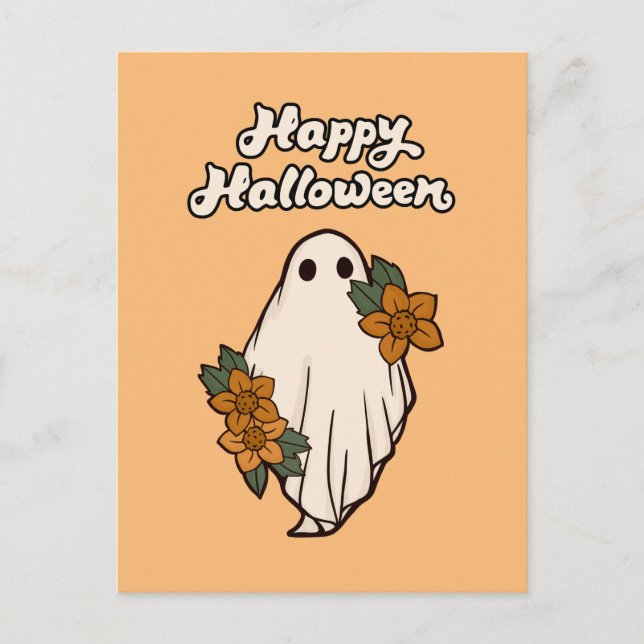 Happy Halloween Cute Ghost with Flowers Postcard (Front)