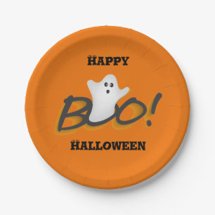 Happy Halloween Cute Ghost Word BOO!Orange Paper Plate