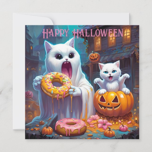 Happy Halloween -Cute Kitten and Ghost eat Doughnu (Front)
