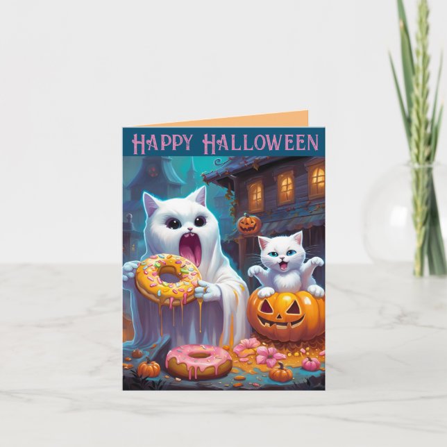 Happy Halloween -Cute Kitten and Ghost eat Doughnu Note Card (Front)