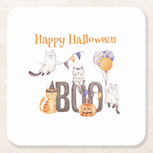 Happy Halloween    CUTE KITTENS & BOO Square Paper Coaster