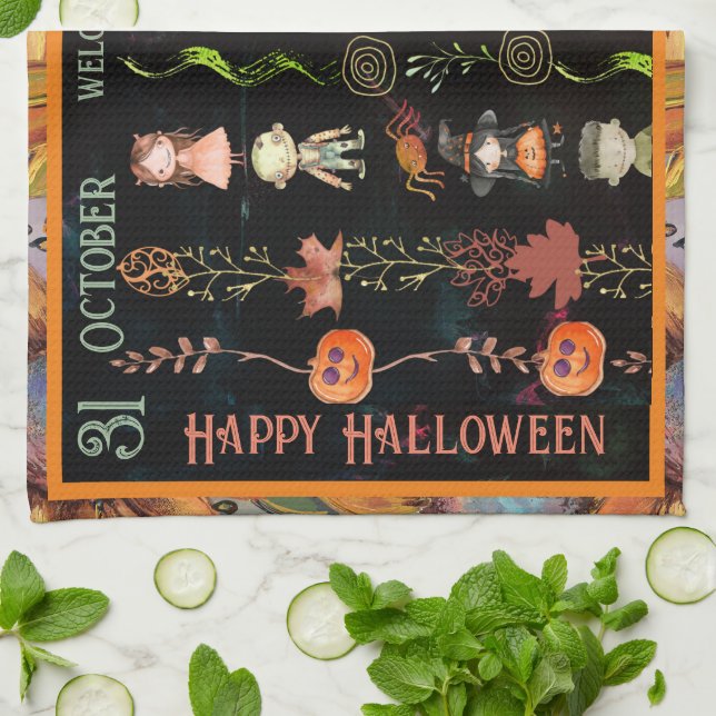 Happy Halloween Cute Monsters and Witch Tea Towel (Folded)