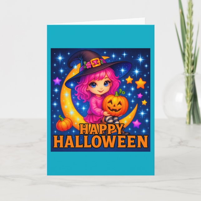 Happy Halloween Cute Moon Witch Greetings Card (Front)