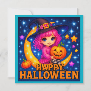 Happy Halloween Cute Moon Witch Invitation Card