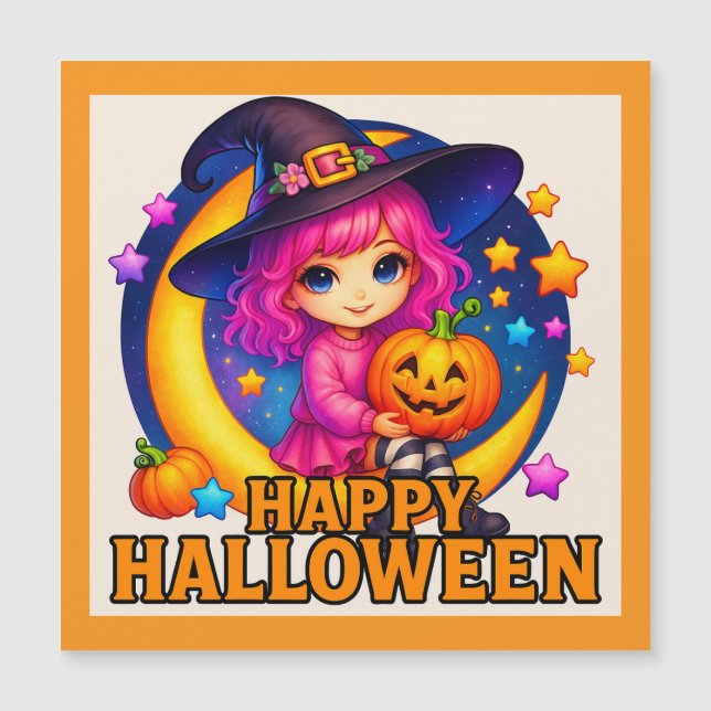 Happy Halloween Cute Moon Witch Magnet Card (Front)