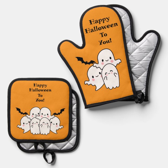 Happy Halloween Cute Personalise Oven Mitt & Pot Holder Set (Front/Back)