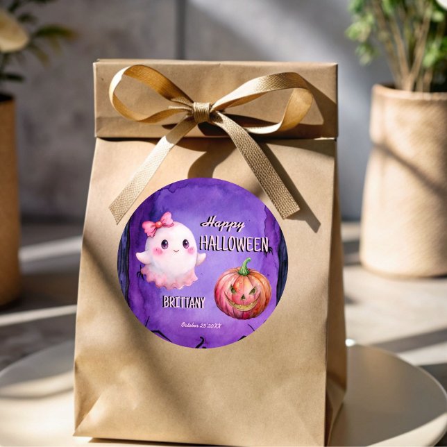 Happy Halloween cute pink ghost Classic Round Sticker (Happy Halloween cute pink ghost jack-o-lantern purple Halloween Sticker)