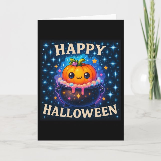 Happy Halloween Cute Pumpkin Cauldron Card (Front)