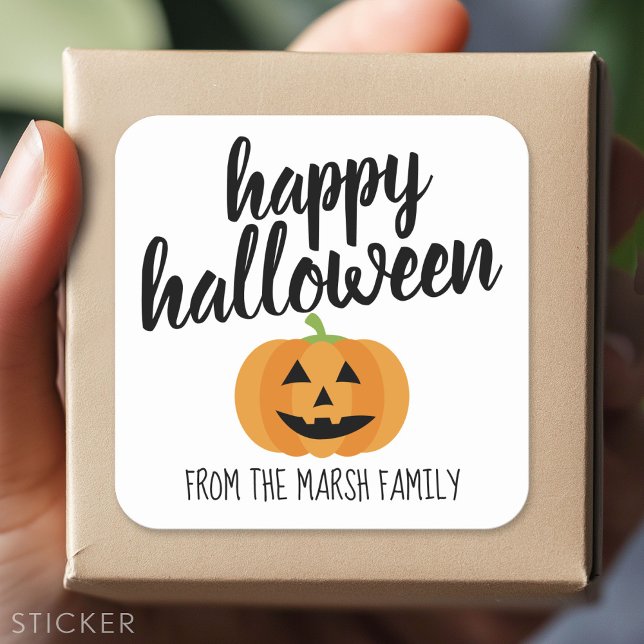 Happy Halloween - Cute Pumpkin Jack-o-Lantern Square Sticker (Custom Sticker - Personalize with your info for a party favor or gift)