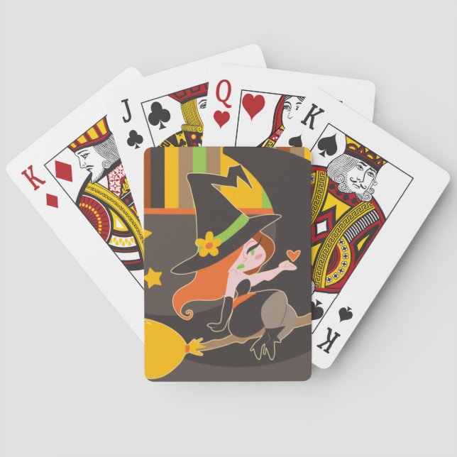 "Happy Halloween" Cute Red Haired Witch Playing Cards (Back)