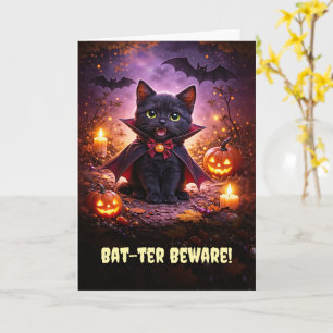 Happy Halloween Cute Vampire Kitten Cat with Bats Card