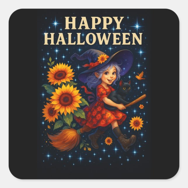 Happy Halloween Cute Witch Broomstick Stickers (Front)