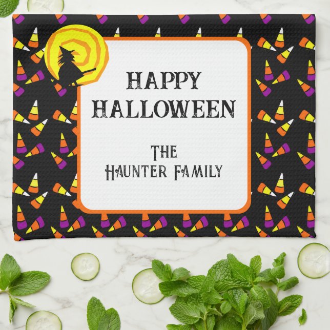 Happy Halloween Cute Witch Candy Corn Pattern Tea Towel (Folded)