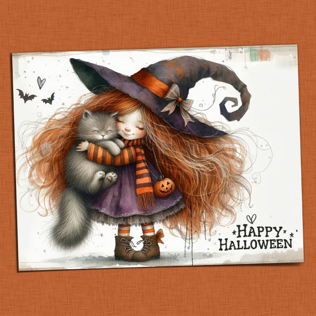 Happy Halloween - Cute Witch Girl and Black Cat Postcard (Creator Uploaded)