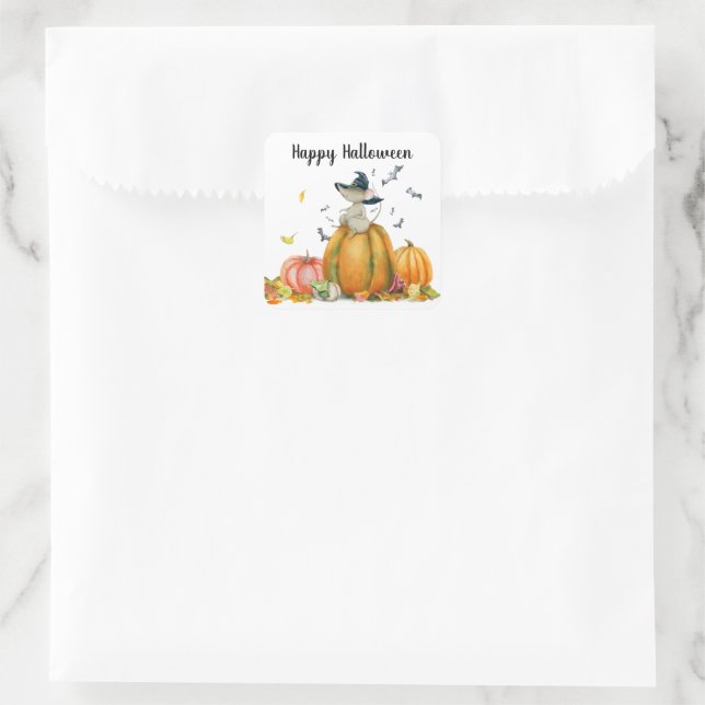 Happy Halloween Cute Witch Mouse Square Sticker (Bag)