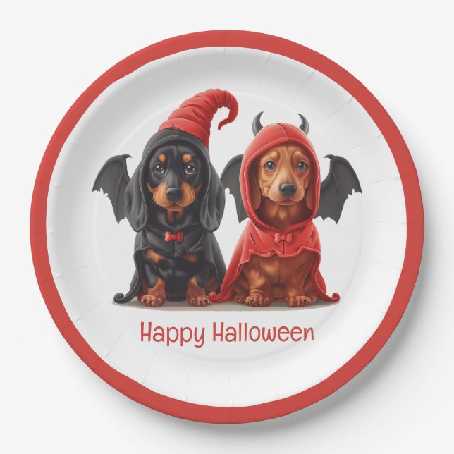 Happy Halloween Dachshund Dogs Devil Bat Paper Plate (Front)