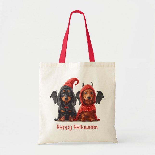 Happy Halloween Dachshund Dogs Devil Bat Tote Bag (Front)