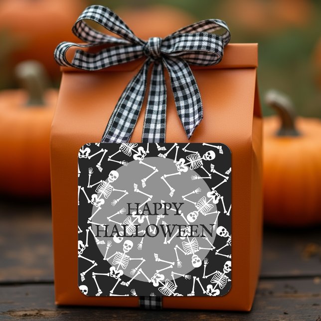 Happy Halloween Dancing Skeletons  Square Sticker (Happy Halloween wording and dancing skeletons on black square labels)