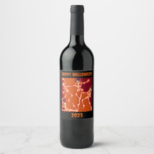 Happy Halloween Dancing Skeletons Wine Label