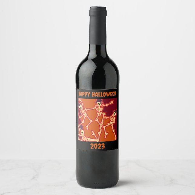 Happy Halloween Dancing Skeletons Wine Label (Front)