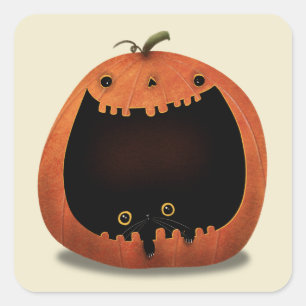 Happy Halloween Decoration Black Cat in Pumpkin Square Sticker