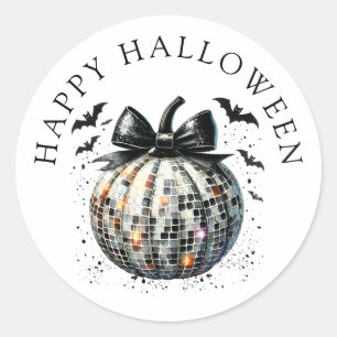 Happy Halloween Disco Ball Pumpkin Black Bow Classic Round Sticker