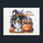 Happy Halloween Dog Lovers Holiday  Postcard<br><div class="desc">This Halloween Postcard features a cute dog wearing a witches hat. There is also a Jack O' Lantern pumpkin and Halloween greeting. Anyone who loves dogs will like this Halloween postcard. (AI artwork created by Susang6)</div>