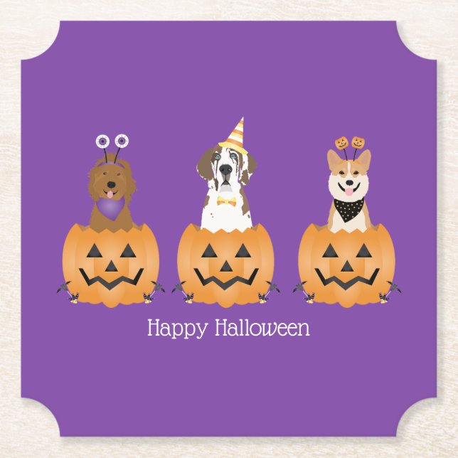 Happy Halloween Dogs In Pumpkins Paper Coaster (Front)