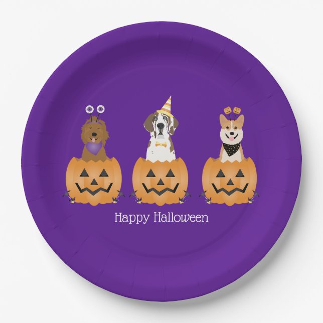 Happy Halloween Dogs In Pumpkins Paper Plate (Front)
