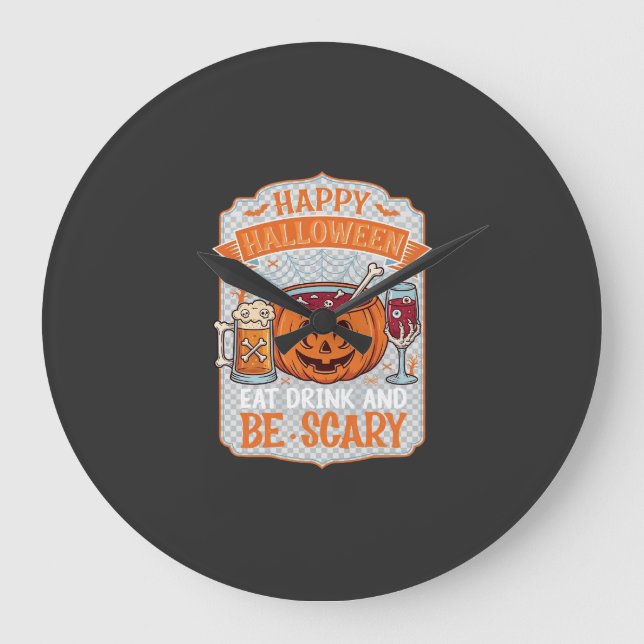 Happy Halloween Eat Drink Be Scary Pumpkin Cauldro Large Clock (Front)