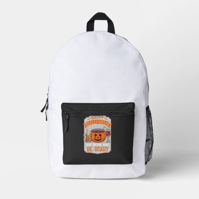 Happy Halloween Eat Drink Be Scary Pumpkin Cauldro Printed Backpack (Front)