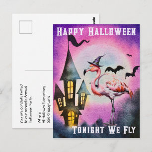 Happy Halloween Flamingo Bats Haunted Castle Postcard