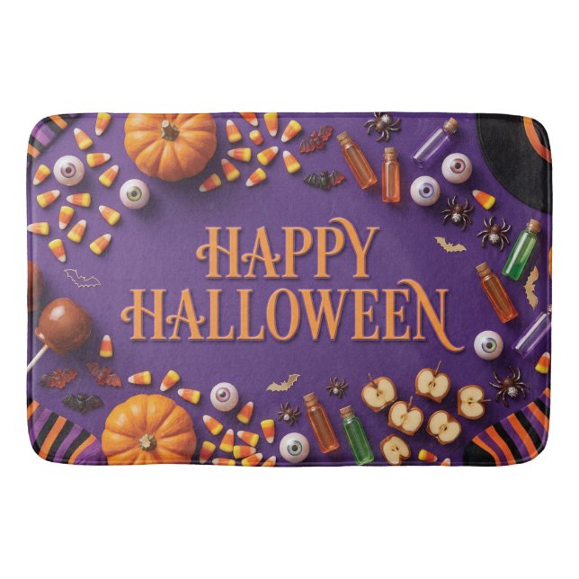Happy Halloween Flat Lay Greeting on Purple  Bath Mat (Front)