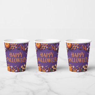 Happy Halloween Flat Lay Greeting on Purple Paper Cups