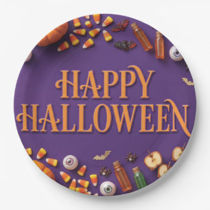 Happy Halloween Flat Lay Greeting on Purple  Paper Plate
