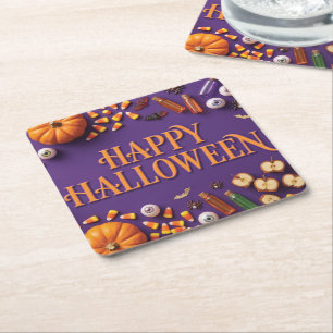 Happy Halloween Flat Lay Greeting on Purple Square Paper Coaster