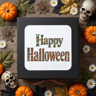 Happy Halloween Floral Ornate Pumpkins Botanicals Square Sticker