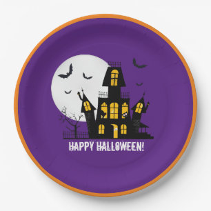 Happy Halloween Flying Bats Spooky Haunted House Paper Plate