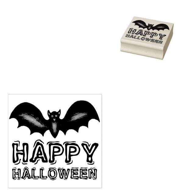 Happy Halloween Flying Black Bat Trick or Treat Rubber Stamp (Stamped)