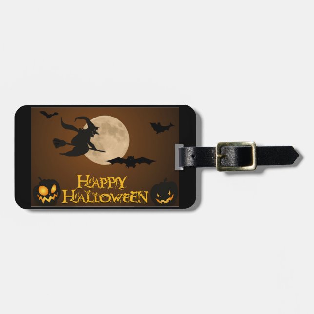 "HAPPY HALLOWEEN" FLYING WITCH LUGGAGE TAG (Front Horizontal)