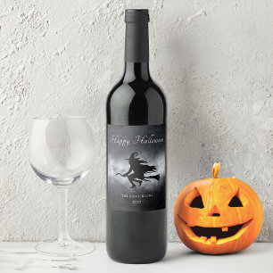 Happy Halloween Flying Witch Personalised   Wine Label